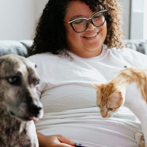 a person sitting on a couch with a cat and a dog
