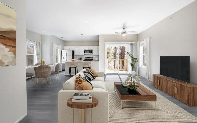 a living room with a fireplace